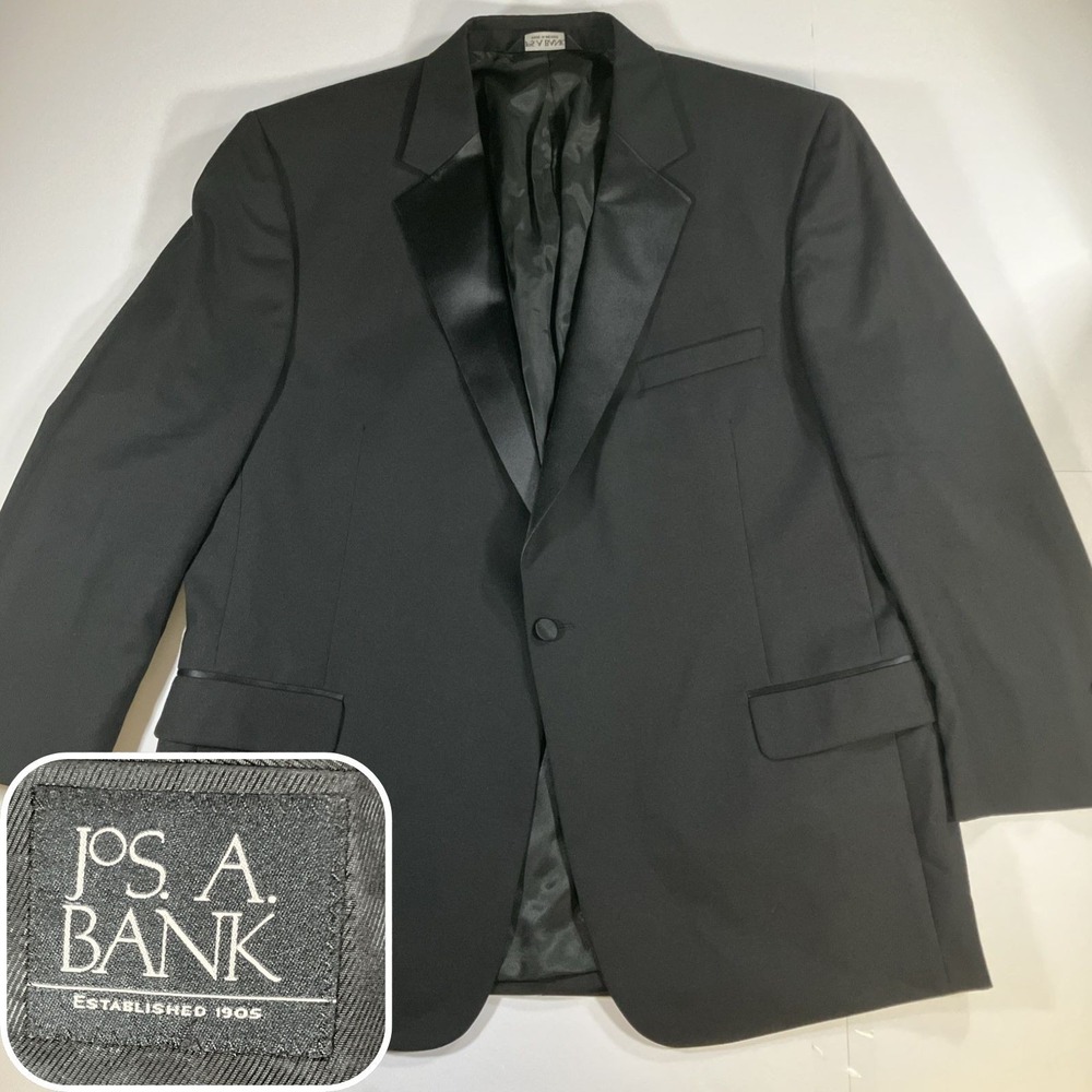 Jos A Bank Tuxedo‎ Jacket Mens 48R Black Wool Formal Coat Dinner Wedding